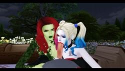 2girls 3d 3d_(artwork) batman_(series) blowjob dc dc_comics erect_penis fellatio female female_focus ffm_threesome giving_head green-skinned_female green_eyes green_lipstick green_skin harley_quinn harley_quinn_(series) image jason_todd male male_pov multicolored_hair night oral penis_in_mouth pigtails pof3445 poison_ivy pov red_hair red_hood_(dc) red_lipstick straight threesome