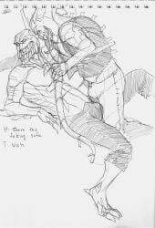 2boys barefoot bionicle black_and_white bulge demitsorou dialogue english_dialogue english_text hakann humanoid lego male male/male male_on_top male_only monochrome pants piraka skakdi sketch tail thok tongue_out topless traditional_media_(artwork) vest yaoi