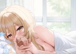 after_sex ayul_(ayulneri_92) bed bed_sheet bedroom blonde blonde_hair blush breasts female genshin_impact holding_hands hoyoverse looking_at_viewer lumine_(genshin_impact) lying nude nude_female on_bed pov_hands wholesome yellow_eyes