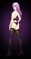 back_view crossdressing femboy gomi-cake green_eyes high_heels long_hair looking_at_viewer male_only panties purple_hair stockings