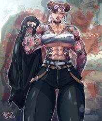 abs artist_signature bandage bandaged_breasts belt big_breasts black_lipstick boob_window bracket breast_band breasts brown_hair brunette_hair buns choker chun-li cigarette cleavage clothed_female earrings eyeliner eyeshadow full_body_tattoo glasses hair_bun holding_jacket hoop_earrings hourglass_figure irezumi looking_down looking_down_at_viewer mascara muscular muscular_female purple-tinted_eyewear purple_sunglasses red_eyeshadow rolled_up_sleeves round_breasts round_glasses shirt sleeve_tattoo smirk smoking spiked_bracelet street_fighter strong strong_female strong_woman sunglasses sunglasses_on_head tall tattoo tattoo_sleeve tattooed_arm tattoos thick_ass thick_thighs thin_eyebrows tight_clothing tinted_eyewear tomatostyles triad twin_buns twitter_username voluptuous voluptuous_female watermark yakuza yakuza_girl yakuza_tattoo yellow_eyes yellow_eyes_female