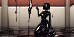 1girls ai_generated black_slime corruption disney drone female full_body_suit human kneeling latex latex_suit living_latex png slime slime_girl solo symbiote transformation w.i.t.c.h. will_vandom