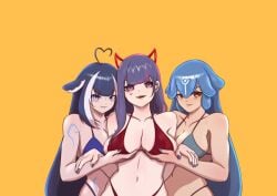 3girls akuma_nihmune bao_(vtuber) big_breasts bikini blue_hair breast_grab indie_virtual_youtuber looking_at_viewer multiple_girls purple_eyes purple_hair red_eyes shylily simple_background succubus the_bikini_bottoms thick_thighs virtual_youtuber vtuber yellow_background