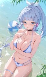 1girls bare_shoulders bikini black_choker blue_eyes blue_hair blunt_bangs blush breasts choker cleavage collarbone genshin_impact high-angle_view kamisato_ayaka large_breasts long_hair mole mole_under_eye navel open_mouth ponytail rosumerii solo swimsuit thighs wet white_bikini