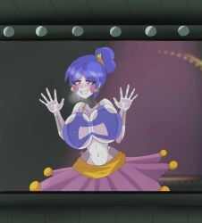 ballora ballora_(fnafsl) ballora_(fnia) big_breasts biting_lip biting_own_lip cleavage erect_nipples five_nights_at_freddy's five_nights_at_freddy's:_sister_location five_nights_in_anime full_comfort horny huge_breasts lustful_gaze nipples pressed_on_glass purple_eyes sister_location solo white_skin