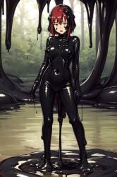 1girls ai_generated black_slime bob_cut cave corruption covered_in_slime disney female female_only forest_background human latex latex_suit light-skinned_female living_latex png red_hair short_hair slime slime_(substance) slime_body slime_on_body solo standing symbiote transformation w.i.t.c.h. will_vandom