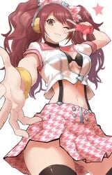 bow bra brown_eyes brown_hair choker exposed_torso gloves hand_towards_viewer headphones kujikawa_rise kurosususu looking_at_viewer navel open_shirt persona persona_4 shin_megami_tensei skirt smiling smiling_at_viewer stockings suspenders thick_thighs thighs twintails winking