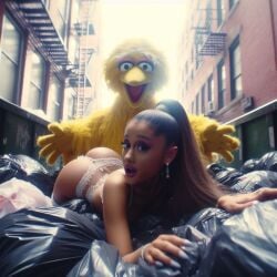 1girls ai_generated alley arched_back ariana_grande ass big_bird brown_hair celebrity dall-e3 day earrings garbage garbage_bags garbage_bin laying_down laying_on_stomach lingerie lips long_hair looking_at_viewer makeup muppets open_mouth panties pink_lips ponytail real_person sesame_street shocked shocked_expression shocked_eyes tagme the_muppet_show trash trash_bag trash_can white_lingerie yellow_fur