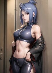 ai_generated ai_hands bad_anatomy bare_shoulders cloak konan leggings medium_breasts naruto naruto_shippuden orange_eyes purple_hair sideboob zipper