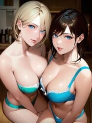 2girls ai_generated ai_mirror belly_button blonde_hair blue_bra blue_eyes blue_panties blue_underwear blush bottle breast_touch brown_hair lesbian looking_at_viewer medium_breasts seductive shelf short_hair smile white_skin wooden_floor yuri