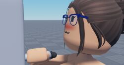 1boy 1girls 3d 3d_(artwork) :3 anarchy_rr34 blush brown_hair closed_eyes completely_nude completely_nude_female eyewear female giantess glasses handhob image looking_at_another male naked naked_female nude nude_female outercourse penis roblox robloxian short_hair