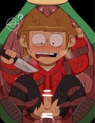 ? ambiguous_consent anal_sex black_pants blush blushing_male brown_hair confused confused_look dubious_consent eddsworld holding_knife holding_weapon hoodie knife male_penetrated namae86884456 penis plant red_hoodie sweat sweating tentacle tentacle_bondage tentacle_sex tentacles tord tord_(eddsworld) torn_pants vore weapon