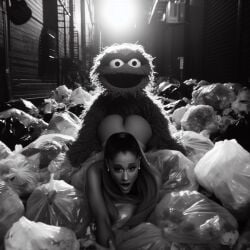 1girls ai_generated alley arched_back ariana_grande ass black_and_white celebrity dall-e3 garbage garbage_bags implied_sex looking_at_viewer muppets oscar_the_grouch real_person sesame_street shocked_expression shocked_eyes shocked_face tagme the_muppet_show trash trash_bag