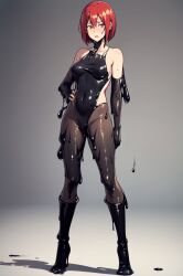 1girls ai_generated bob_cut boots corruption disney female hair human latex leotard living_latex long_gloves pale-skinned_female pantyhose png red_hair short_hair slime solo standing swimsuit symbiote transformation w.i.t.c.h. will_vandom