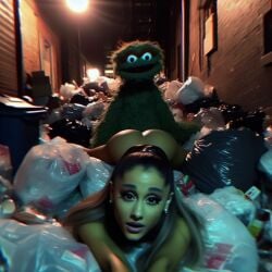 1girls ai_generated alley arched_back ariana_grande ass black_hair celebrity dall-e3 garbage garbage_bags garbage_bin green_fur implied_sex laying_down laying_on_stomach looking_at_viewer muppets oscar_the_grouch real_person sesame_street tagme the_muppet_show trash trash_bag trash_can