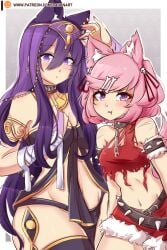 2girls belly_button big_breasts blush doki_doki_literature_club female female_only furry_ears halloween halloween_costume long_hair multiple_girls natsuki_(doki_doki_literature_club) pink_hair purple_eyes purple_hair raionart short_hair thick_thighs yuri_(doki_doki_literature_club)