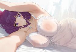 bed busty female female_only fern_(sousou_no_frieren) large_breasts laying_on_side looking_at_viewer nhaliz nipples see-through_clothing solo sousou_no_frieren voluptuous