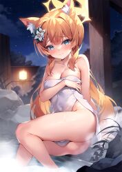 1girls animal_ear_fluff animal_ears bare_shoulders blonde_hair blue_archive blue_eyes blush breasts closed_mouth collarbone fox_ears fox_girl hair_flower halo large_breasts long_hair mari_(blue_archive) naked_towel onsen pinki_o64 sisterhood_(blue_archive) smile solo thighs towel trinity_general_school_student white_towel