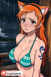 ai_generated bare_shoulders bikini bikini_top brown_eyes cat_ears crying erogeknight fake_animal_ears fake_cat_ears female female_focus female_only fox fox_nami long_hair looking_at_viewer midriff nami nami_(one_piece) navel one_piece orange_hair post-timeskip sad sea sfw ship shoulder_tattoo solo solo_focus stable_diffusion tattooed_arm tears toei_animation upper_body