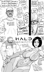 1boy 1girls 2koma 343_industries absurd_res adapted_costume bara bb_(baalbuddy) bob_cut breasts chatgpt chest_hair cleavage cortana cortana_v2 covered_nipples cursed curvy edit elbow_gloves english_text hairy_arms hairy_chest hairy_male halo_(series) halo_infinite helmet highres huge_breasts master_chief meme microsoft monochrome p-head_producer personification short_hair slingshot_swimsuit stitched thigh_gap thighhighs wide_hips