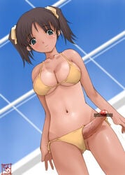 1futa bikini black_hair black_rectangle_bar_floating_on_tip_of_erect_penis blush breasts censored censored_by_a_softcock cleavage cum erection futa_only futanari green_eyes intersex ishida_masayuki large_breasts lowres navel original penis short_hair solo swimsuit tan tan_lines tanline tied_hair twintails