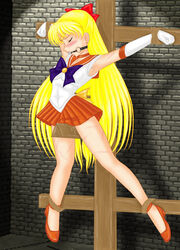 ball_gag bishoujo_senshi_sailor_moon blush bondage crucifixion female female_only gag gagged high_heels human minako_aino sailor_venus saliva seimenjuu smooth_skin solo whiffle_ball whip_marks wooden_horse