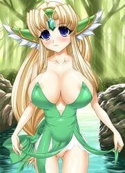 areola areola_slip areolae bare_shoulders blonde_hair blue_eyes blush bow breast_clinging breasts bursting_breasts cameltoe cleavage collarbone emerald erect_nipples forest hairbow head_wings huge_breasts lake long_hair nature nipples no_panties pussy q1_(slw) riesz seiken_densetsu_3 skirt skirt_lift sleeveless smile thigh_gap thighs uncensored