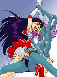 armpit_licking armpits bishoujo_senshi_sailor_moon blue_body blush clothing female high_heels human long_tongue monster_girl multi_arm multi_limb panties rei_hino sailor_mars skirt small_breasts smooth_skin tickleague tickling tongue wink yuri