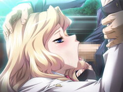 blonde_hair blue_eyes blush censored fellatio game_cg hair oral penis tears