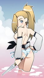 1girls 2010 ass blonde_hair blue_eyes blush breasts clothing female female_only human ino_yamanaka ino_yamanaka(genin) knife linno long_hair looking_at_viewer looking_back naruto panties ponytail sideboob smile solo topless underwear water white_skin young