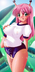 1futa antenna balls_in_bloomers balls_in_buruma bloomers blush breast_grab breasts bulge buruma cameltail cum erect_nipples futa_sans_balls futanari green_eyes gym_uniform intersex long_hair penis_under_shirt pink_hair rain red-rum solo_futa