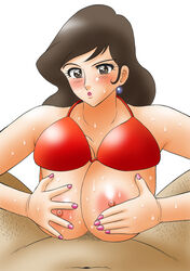 1girls 2004 blush breasts brown_eyes brown_hair censored curvaceous female highres human large_breasts light-skinned_female light_skin long_hair lupin_iii male manga_action mine_fujiko paizuri penis ponzu_(date_wa_gorgeous_ni) source_request straight tms_entertainment white_background