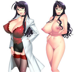 bakunyuu_hoken_onna_kyoushi bb beauty_mark breasts censored choker cleavage cute doctor erect_nipples eyewear game_cg glasses hair hand_in_pocket huge_breasts lab_coat labcoat large_breasts long_hair milf mole nipples nude puffy_nipples purple_hair pussy shinomiya_yurika smile strikes_(company) takahashi_record thighhighs