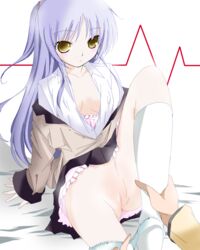 1girls angel_beats! blush bottomless female kanade_tachibana knee_socks kneehighs kneesocks open_clothes open_shirt pussy silver_hair socks tenshi_(angel_beats!) white_socks yellow_eyes