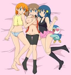 3girls ass bed black_socks blue_hair blue_striped_panties blush breasts brown_hair clothing dawn_(pokemon) feet female female_only feral human human_only kasumi_(pokemon) kuro_hopper large_breasts lying may_(pokemon) may_(pokemon_emerald) medium_breasts misty_(pokemon) multiple_girls no_bandana no_panties orange_hair panties piplup pokemon pokemon_(anime) pokemon_(species) pussy shorts smile socks straight_hair uncensored underwear yuri