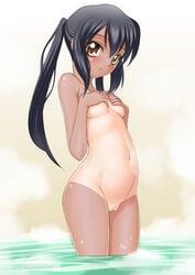 azusa_nakano_(k-on!) black_eyes brown_eyes female female_only human human_only k-on! nude sakura_ryuuken solo tan tanline tied_hair twintails uncensored