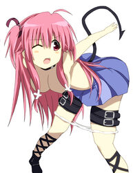 1girls angel_beats! ankle_lace-up bent_over blush breasts choker cross-laced_footwear demon_tail female long_hair no_bra open_mouth panties panty_pull pink_hair red_eyes short_twintails skirt solo tail thigh_strap tied_hair topless twintails underwear usotsuki_makuru wince wink yui_(angel_beats!)