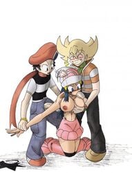 1girls 2boys barry_(pokemon) blush boots breast_grab breasts dawn_(pokemon) fellatio female forced_oral frontierbrain highres human human_only large_breasts lucas_(pokemon) male oral penis pokemon pokemon_dppt rape smile straight straight_hair threesome two_on_one uncensored