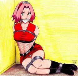 bondage female female_only gag gagged human naruto naruto_shippuden sakura_haruno solo straight_hair white_panties