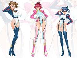 3girls aoi_anna blush breasts cameltoe erect_nipples female female_only momozono_momoko multiple_girls natsuya_(circle) pilot_suit sasagure_konami shinkon_gattai_godannar!! skin_tight smile suit tate_machi zoom_layer