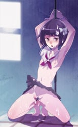 armpits arms_up bondage bob_cut bondage crossdressing crossdressing cuffs cum cum_on_body handcuffs original penis ribbon school_uniform seifuku short_hair torn_clothes trap