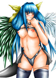 blue_hair blush breasts dizzy_(guilty_gear) guilty_gear long_hair looking_at_viewer medium_breasts nipple nipples red_eyes ribbon ribbons tail wings