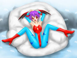 1girls blush cameltoe clothing darkstalkers female flat_chest head_wings lilith_aensland lying natsuya_(circle) smile succubus