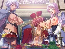 1boy 2girls armor blush breast_sucking breasts closed_eyes crown dark_skin eating emeraria food gladys_(kyonyuu_fantasy) gladys_von_walkenheim glasses king kyonyuu_fantasy lactation large_breasts milking multiple_girls naughty_face navel nipples open_mouth pink_hair purple_hair red_hair saliva sweat waffle