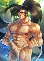 1boy 2021 bara barazoku big_bulge blush bulge erection_under_clothes fundoshi haohmaru hi_res highres japanese_clothing looking_at_viewer male male_nipples male_only mofnyan muscular_male penis_outline samurai_shodown underwear wet