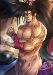 1boy 2022 bara barazoku blush censored completely_nude completely_nude_male haohmaru hi_res highres looking_at_viewer male male_nipples male_only male_pubic_hair mofnyan muscular_male nipples nude penis samurai_shodown