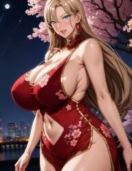 ai_generated backboob bare_legs blonde_hair blue_eyes china_dress chinese_clothes huge_breasts kurashiki_reika light-skinned_female light_skin long_hair massive_breasts saimin_seishidou shiromi_ai thick_thighs thighs voluptuous voluptuous_female