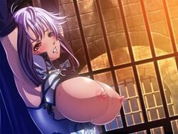 armor blush breasts dark_skin gladys_(kyonyuu_fantasy) gladys_von_walkenheim human_only kyonyuu_fantasy large_breasts nipples prison purple_hair sweat waffle