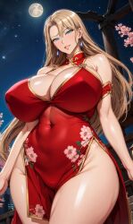 ai_generated bare_legs blonde_hair blue_eyes china_dress chinese_clothes huge_breasts kurashiki_reika light-skinned_female light_skin long_hair massive_breasts mature_female milf saimin_seishidou shiromi_ai thick_thighs thighs voluptuous voluptuous_female