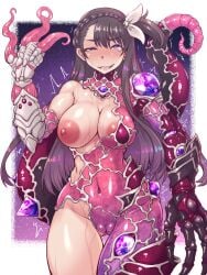 1girls ahe_gao blush body_modification braid breasts brown_hair cameltoe corruption hairbow hi_res living_clothes mahou-ya nipples original purple_eyes solo tail tentacle